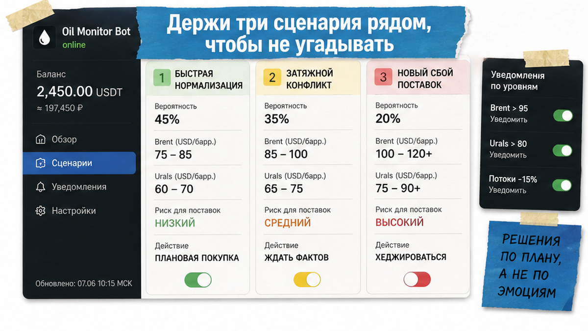 UI биржи / бота: Держи три сценария рядом, чтобы не угадывать нефть
