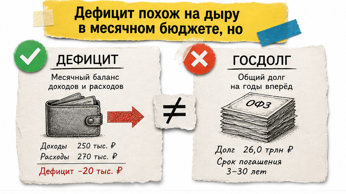 Схема: дефицит, государственный долг и обслуживание долга - разные строки бюджета
