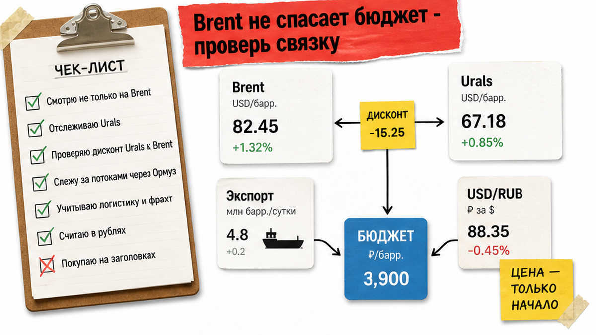 Чеклист / доска: Brent не спасает бюджет - проверь связку Urals, экспорт и рубль