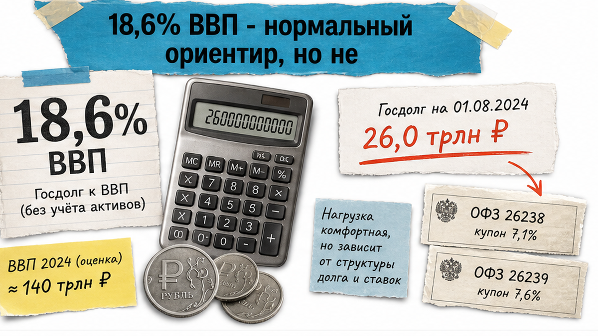 Плановый госдолг России на конец 2026 года: 43 668,1 млрд рублей и 18,6 процента ВВП